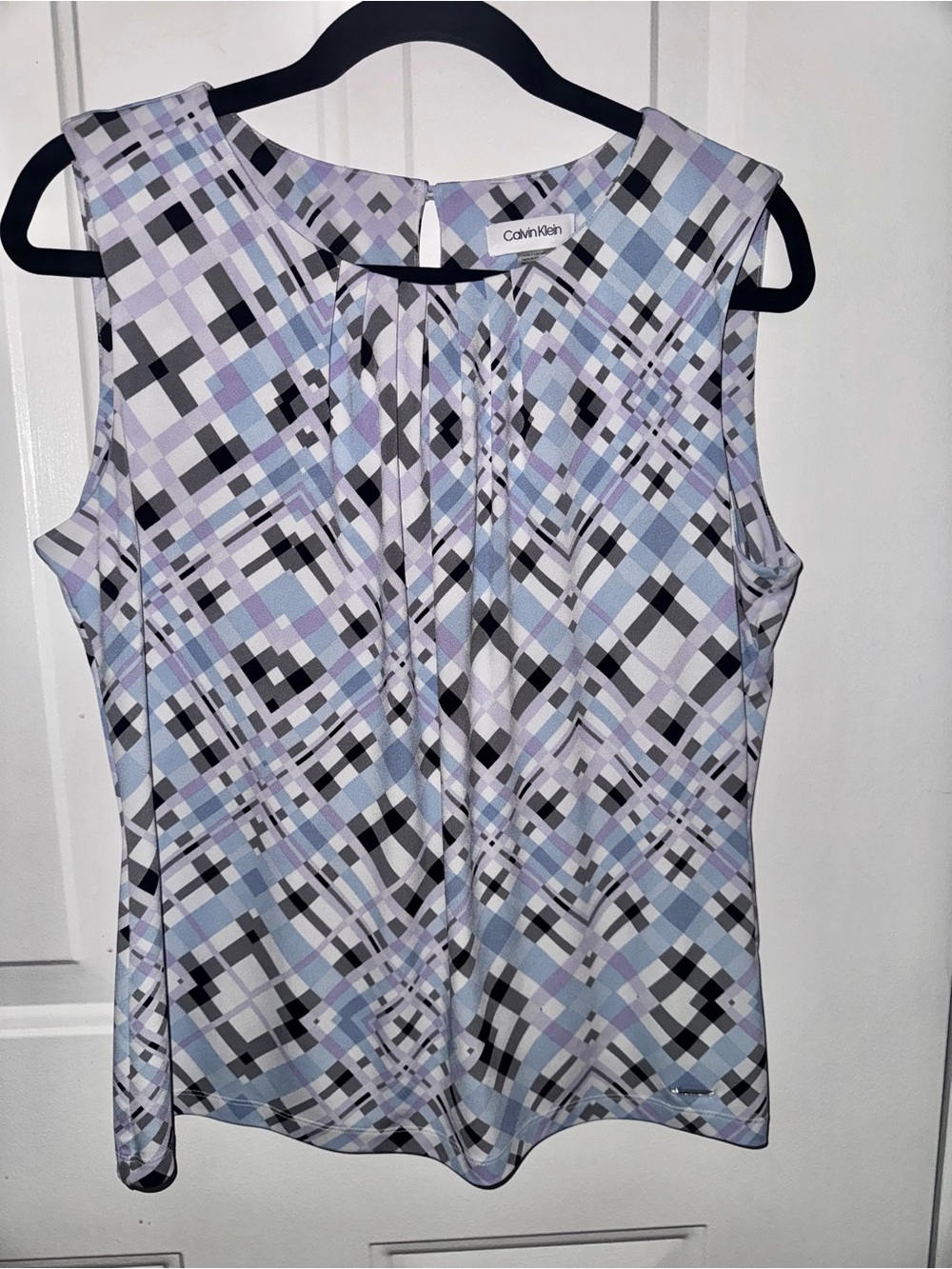 Calvin Klein Geometric Print Pleated Collar Top - Blue Lavender Grey - Large EUC